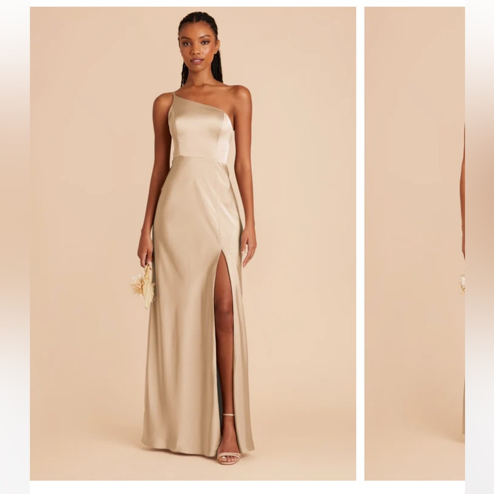 Birdy Grey One-Shoulder High Slit Gown in Matte Champagne Gold Dress